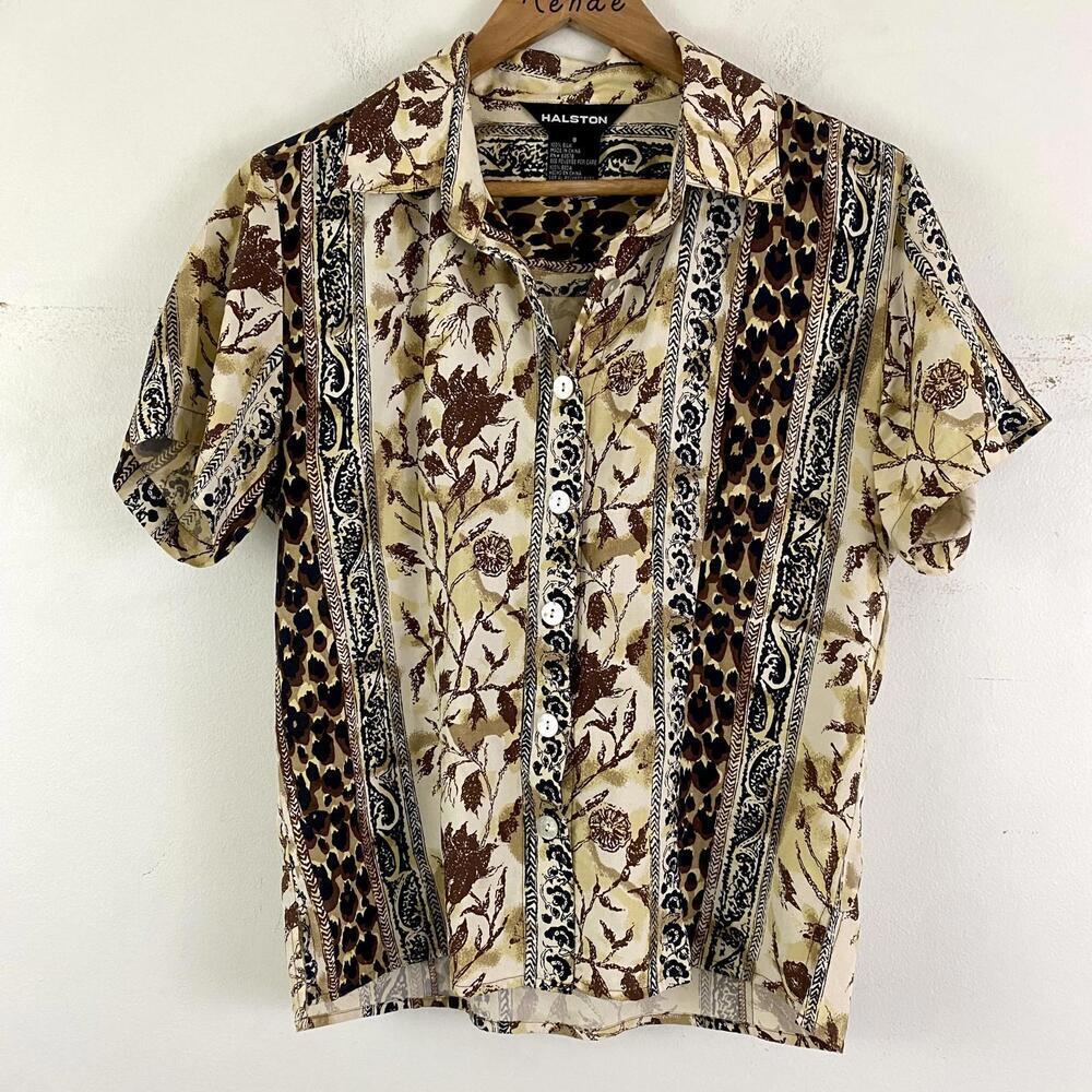 HALSTON vintage 100% silk animal print button down blouse